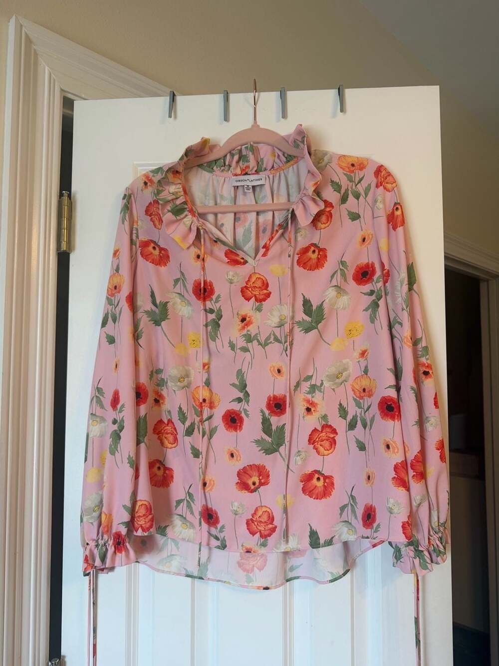 Gibson & Latimer Pink Floral Print Ruffle Neck Blouse with Ties